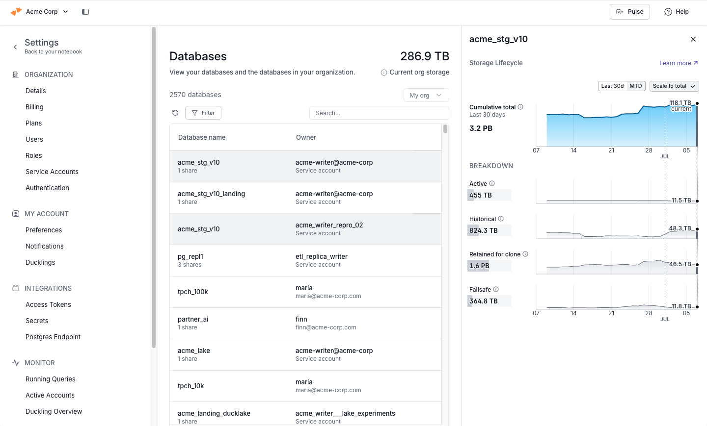 Databases settings page