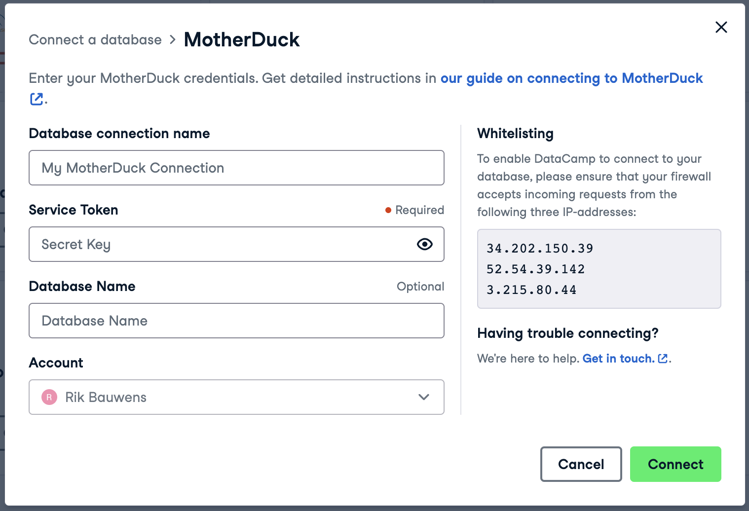 DataLab MotherDuck connection dialog with service token and optional database name fields