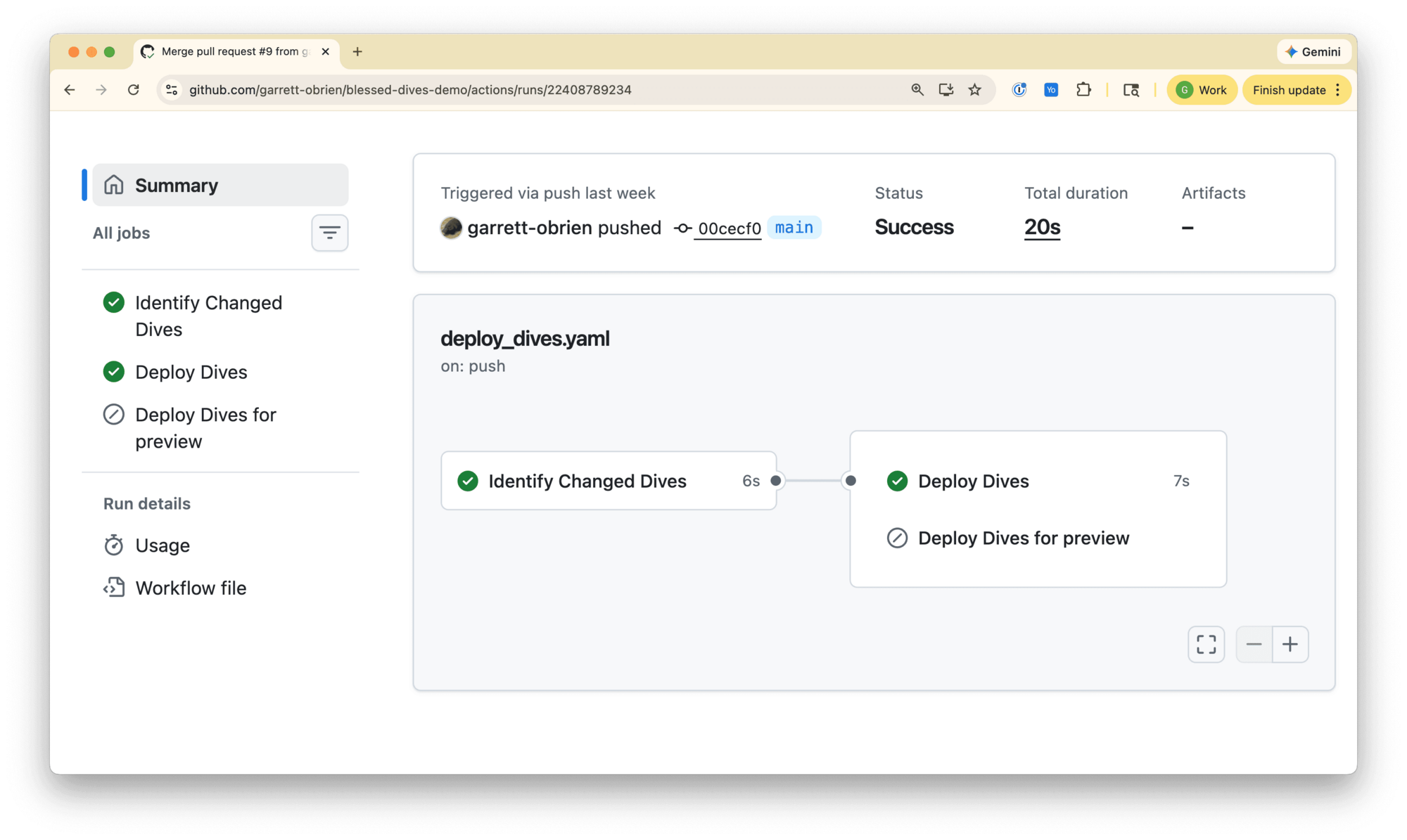 The deploy GitHub Action after a merge to main, completing in 20 seconds.