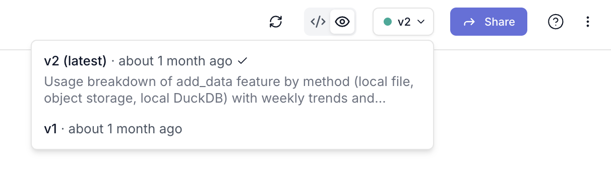 A screenshot of the version history dropdown in the MotherDuck Dives UI