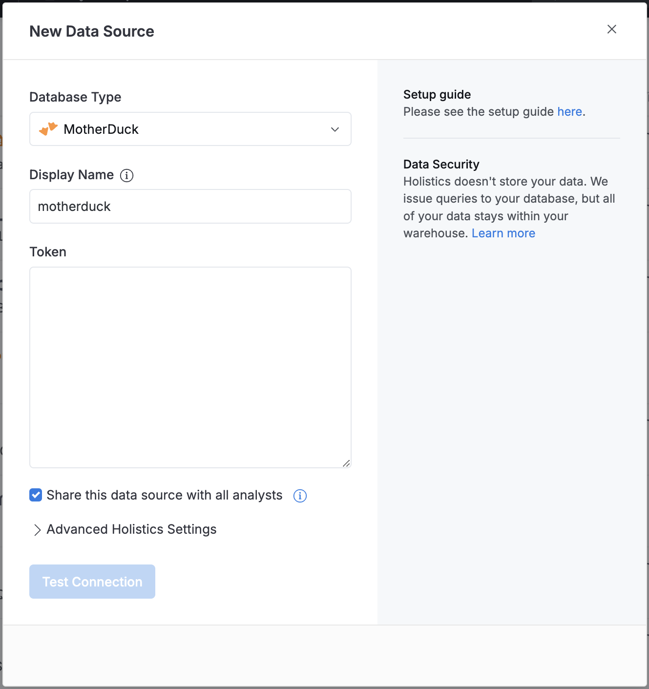 Holistics MotherDuck data source form
