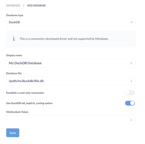 Metabase connection settings for local DuckDB