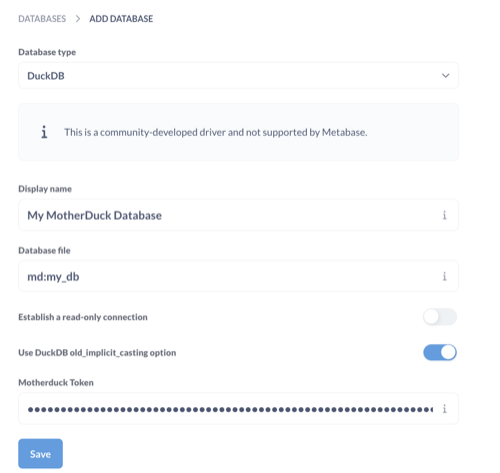 Metabase connection settings for MotherDuck
