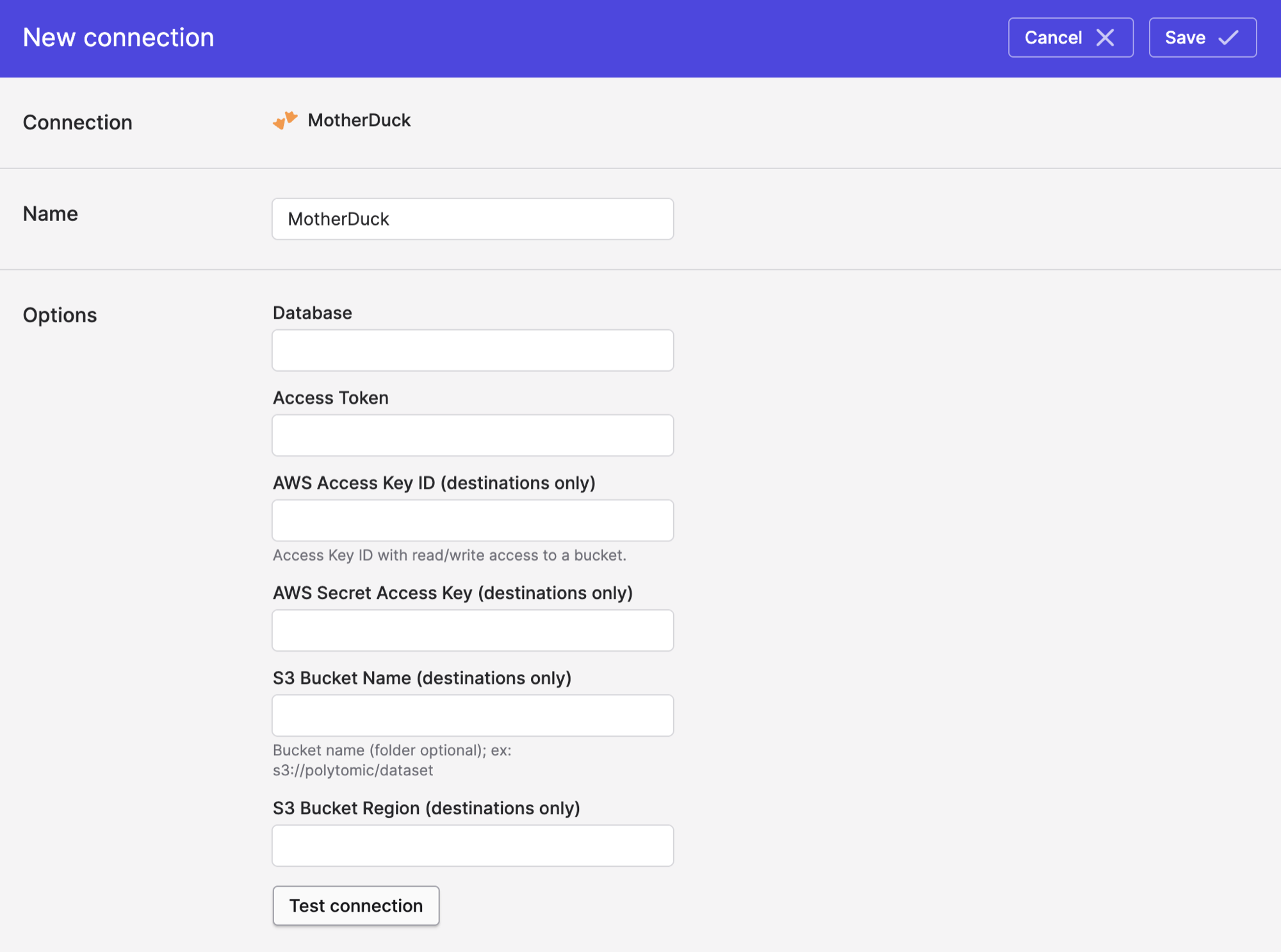 Polytomic MotherDuck connection form with access token and staging bucket fields