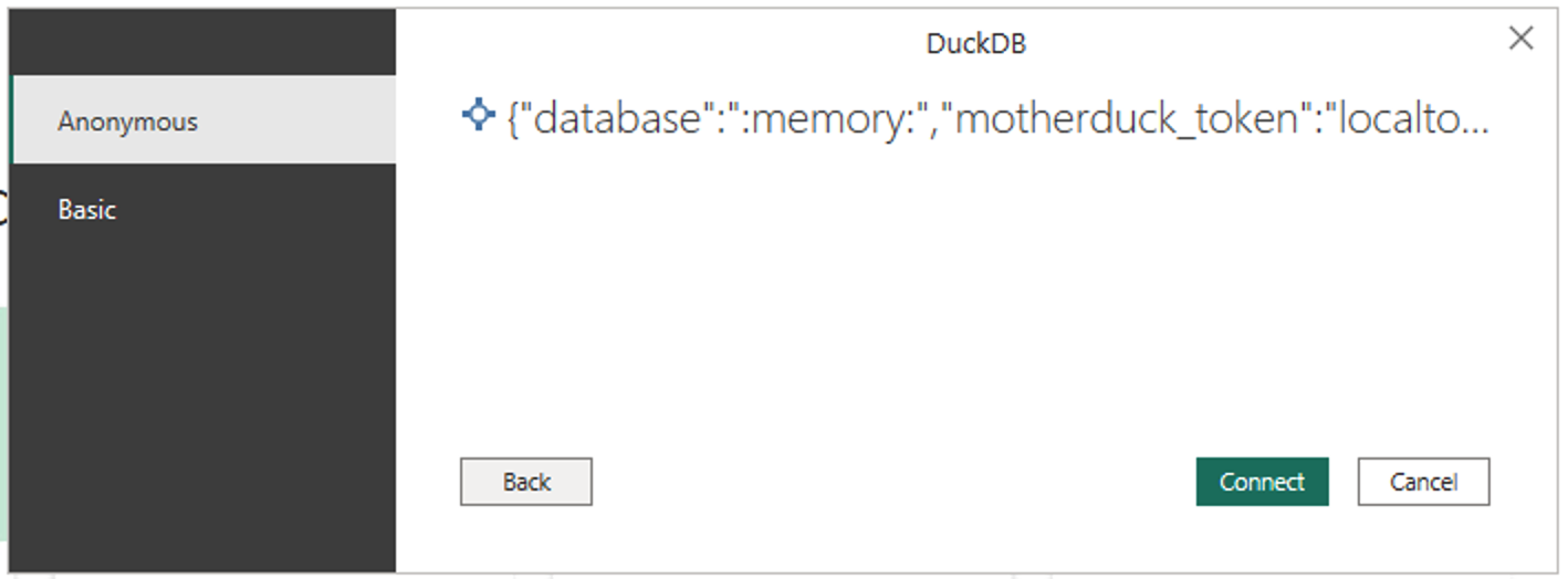 Power BI connection dialog for MotherDuck through the DuckDB connector