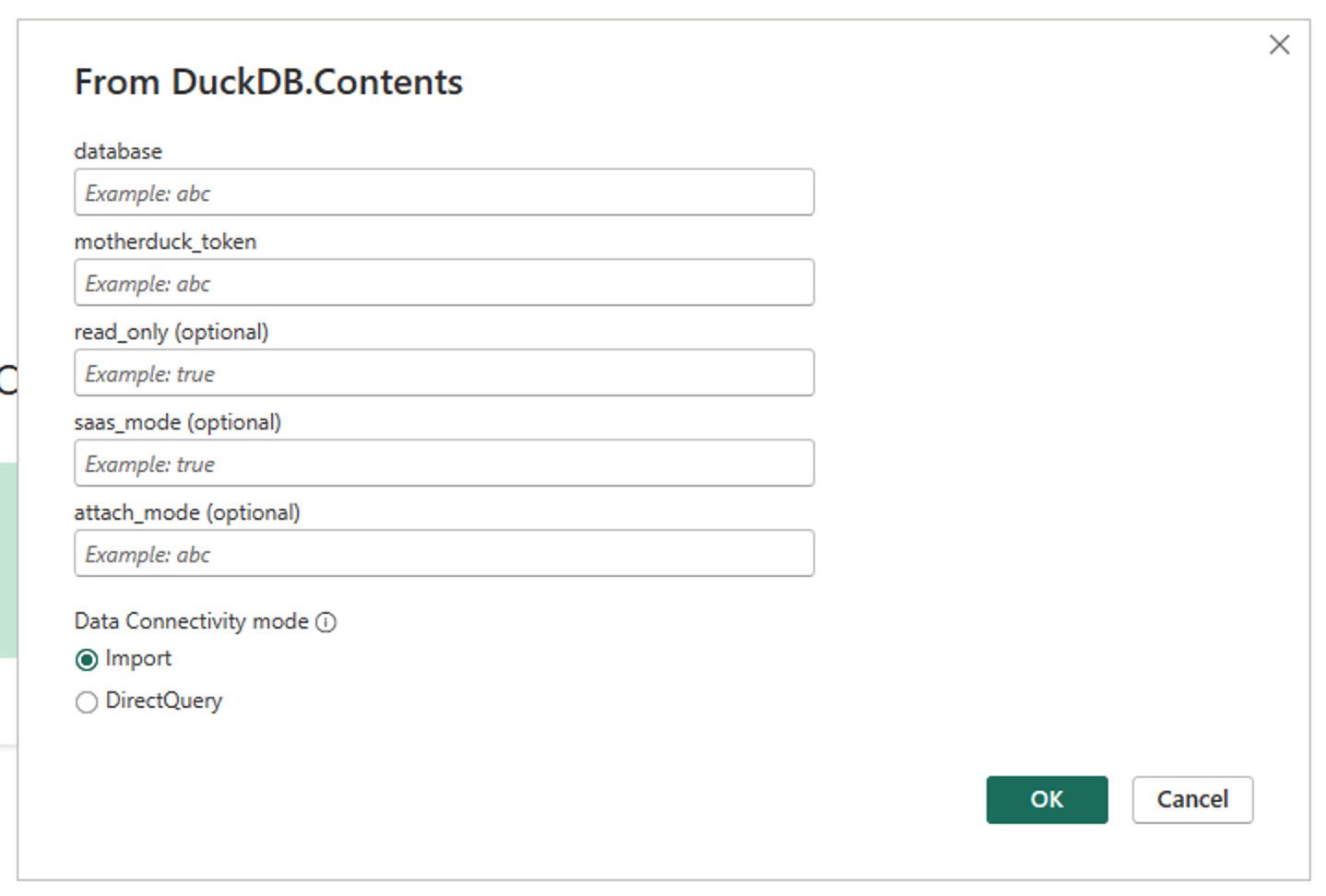 Power BI DuckDB connection dialog