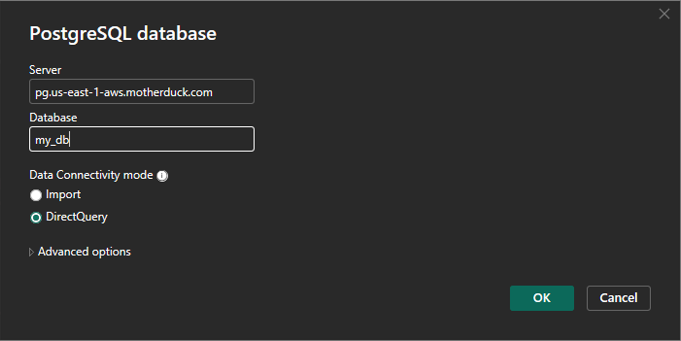 Power BI PostgreSQL connection dialog with server and database fields