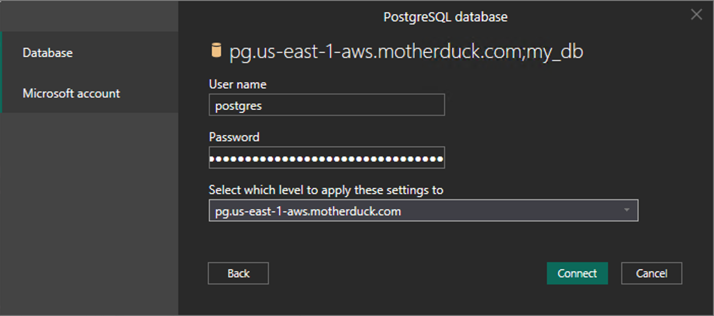 Power BI credentials dialog with user name and password fields