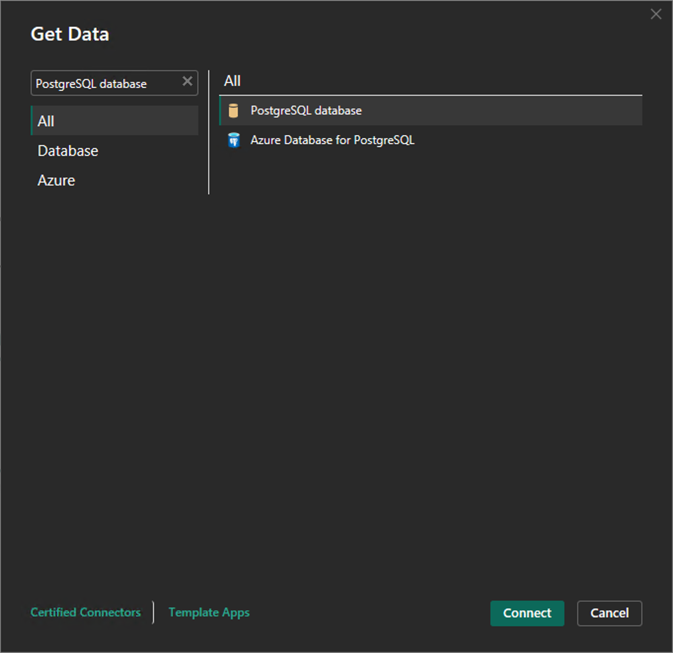 Power BI Get Data dialog showing PostgreSQL database connector