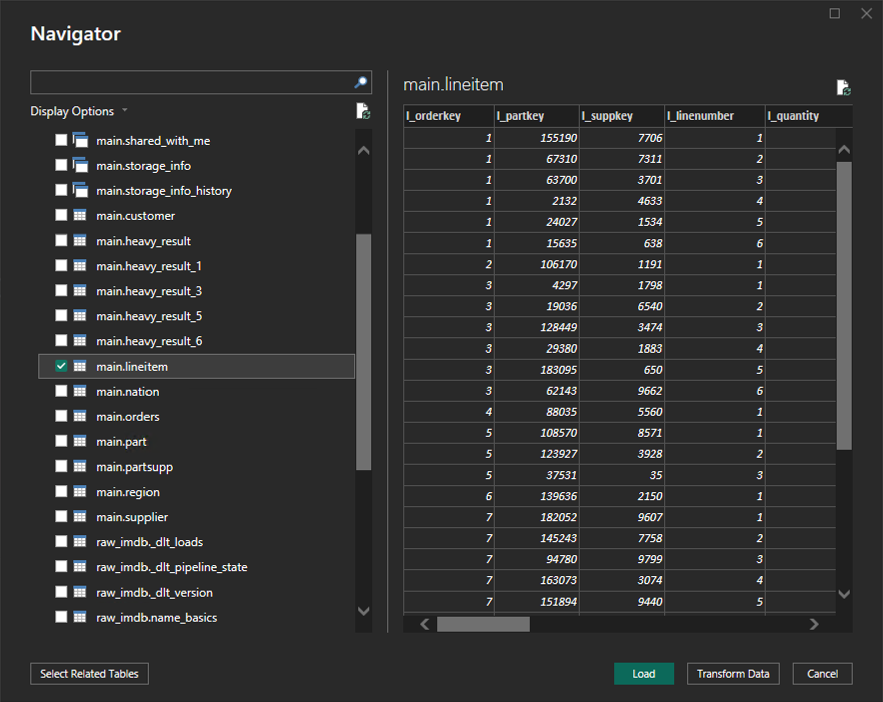 Power BI Navigator showing tables from MotherDuck