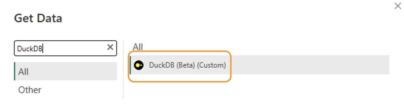 Power BI connector search showing the DuckDB connector