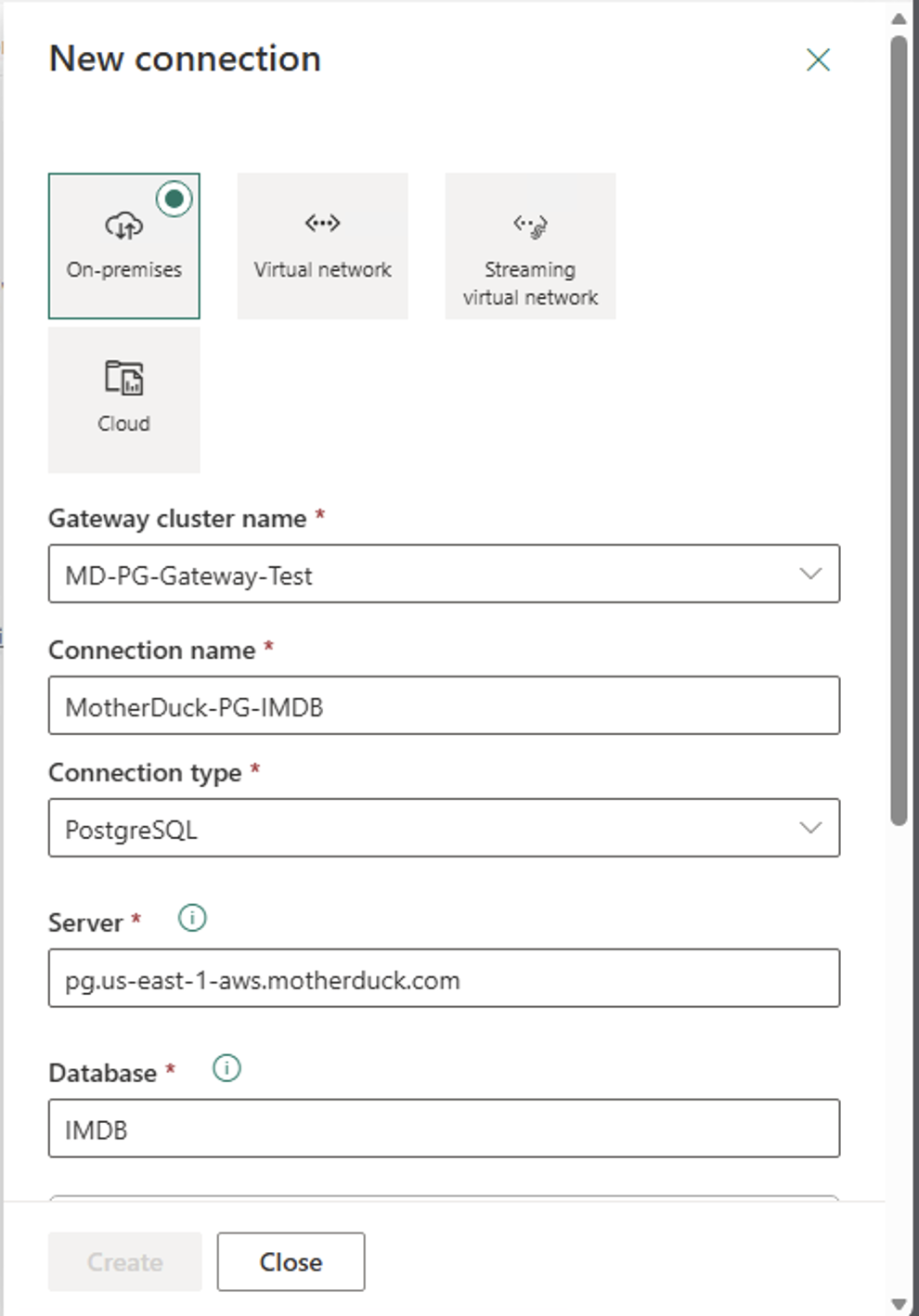 Power BI Service new connection dialog with gateway, server, and database fields