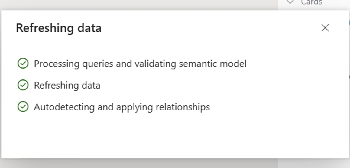 Power BI Service refreshing data dialog showing all steps completed successfully