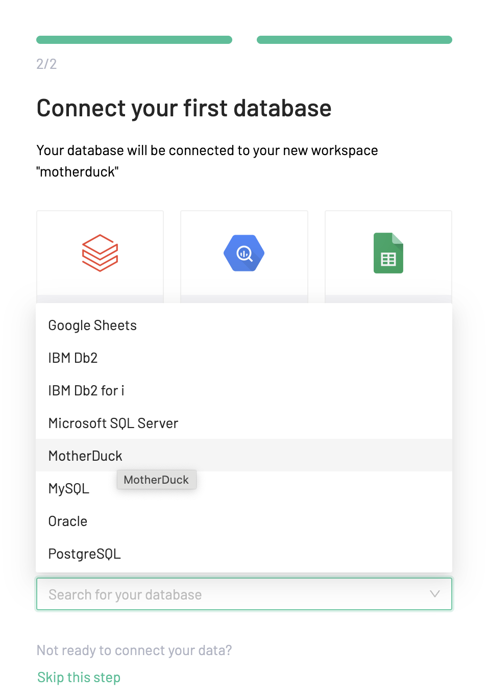 Preset database connection dropdown with MotherDuck option