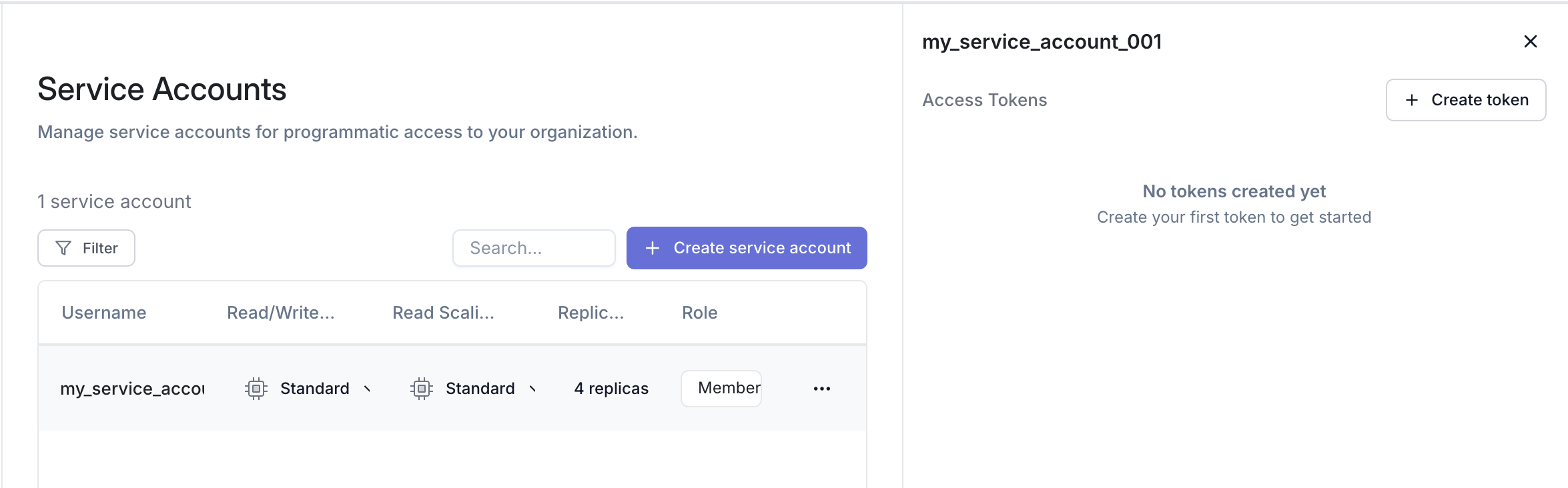 Service account details page