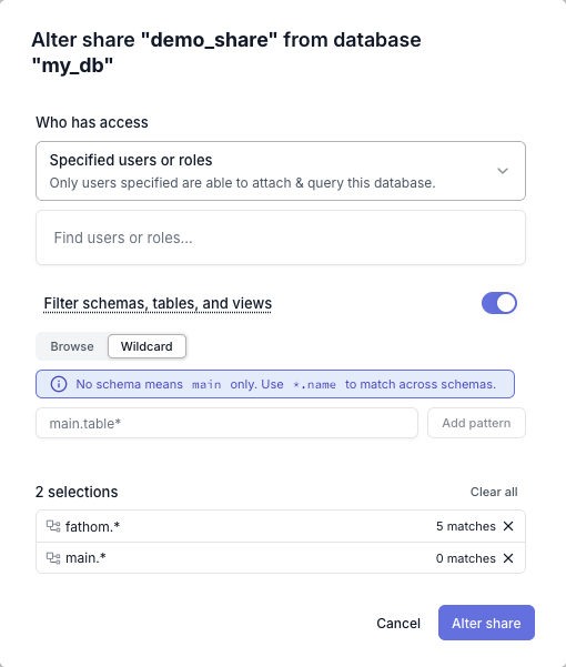 Wildcard tab of the share dialog, showing two patterns and how many tables and views each matches