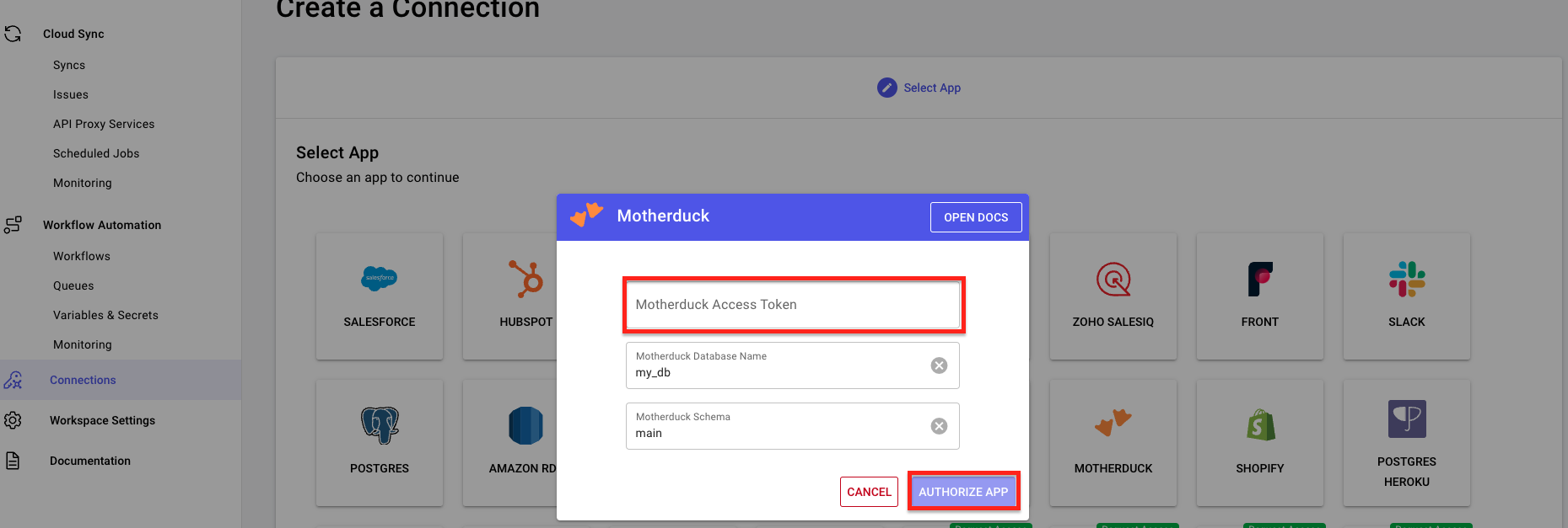 Stacksync MotherDuck connection form with token, database, and schema fields