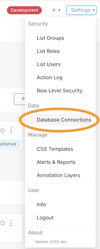 Superset Settings menu showing Database Connections option