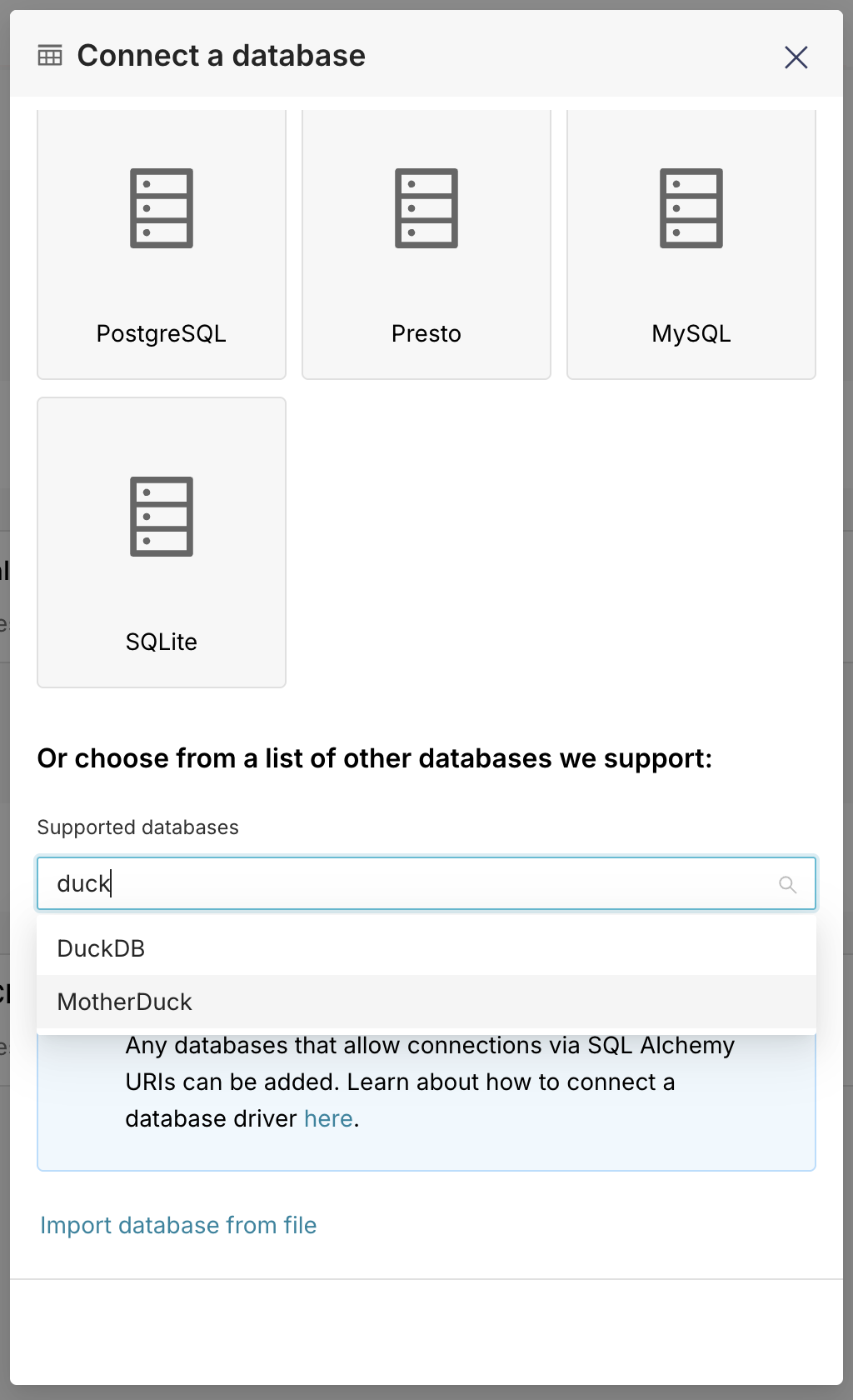 Superset dropdown showing MotherDuck option