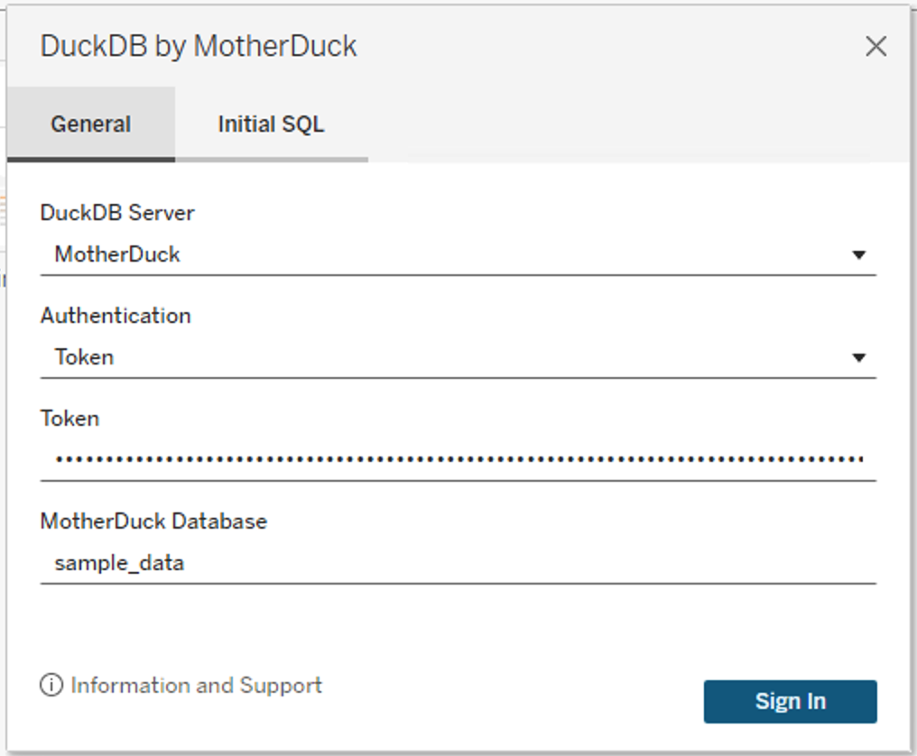 Tableau Cloud DuckDB connector dialog