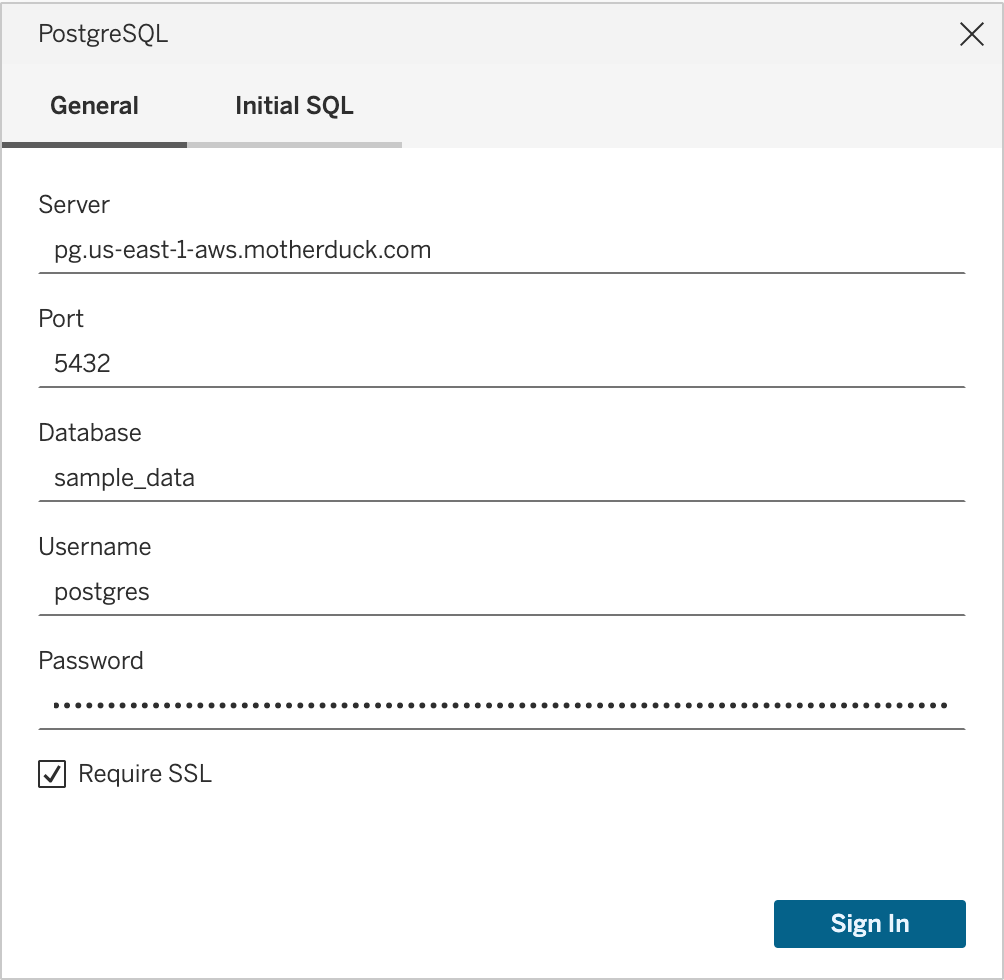 Tableau Cloud PostgreSQL connection dialog with server, port, database, username, and password fields