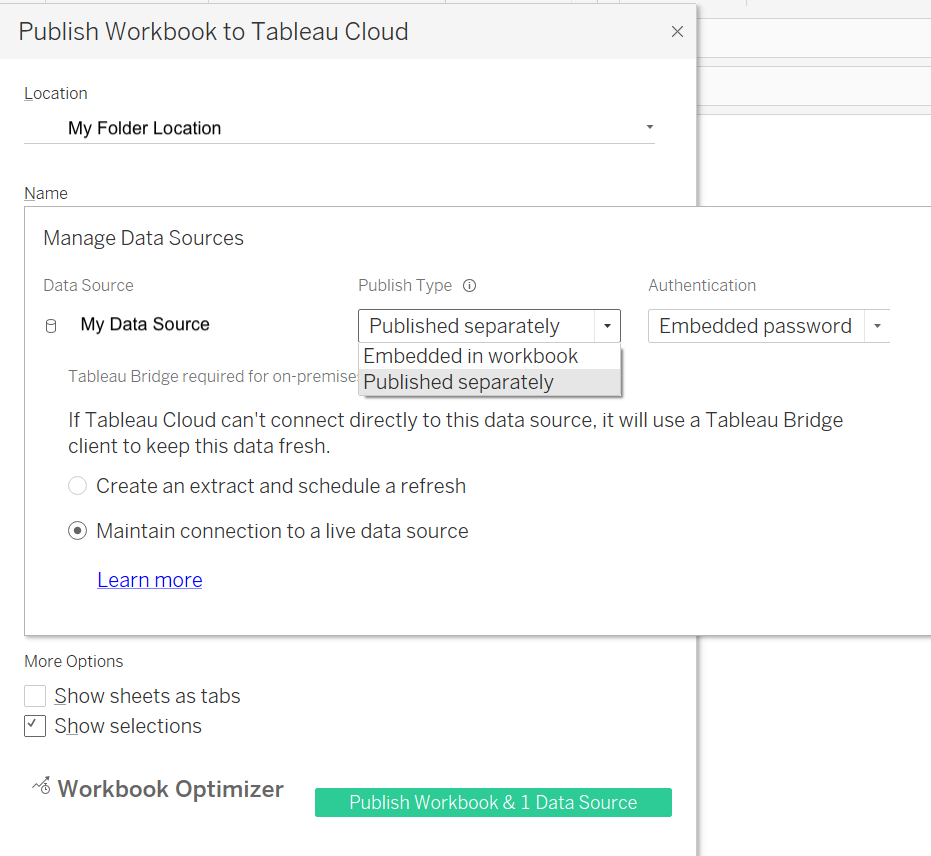 Tableau publish separately dialog