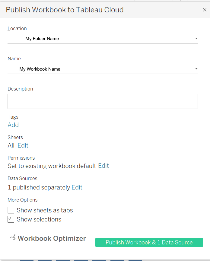 Tableau publish workbook and data source dialog