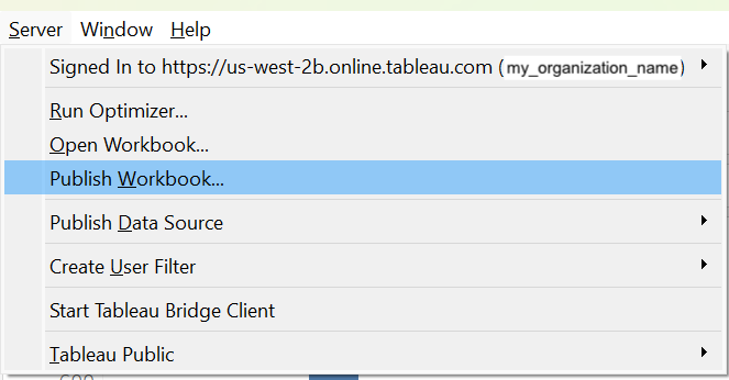 Tableau publish workbook menu