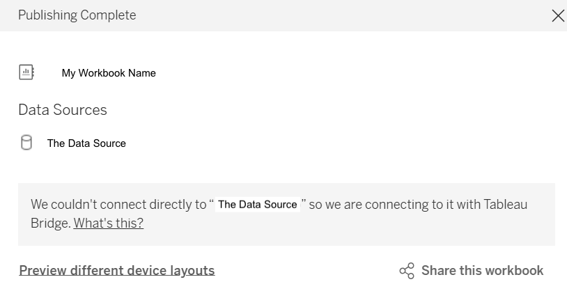 Tableau publishing complete confirmation