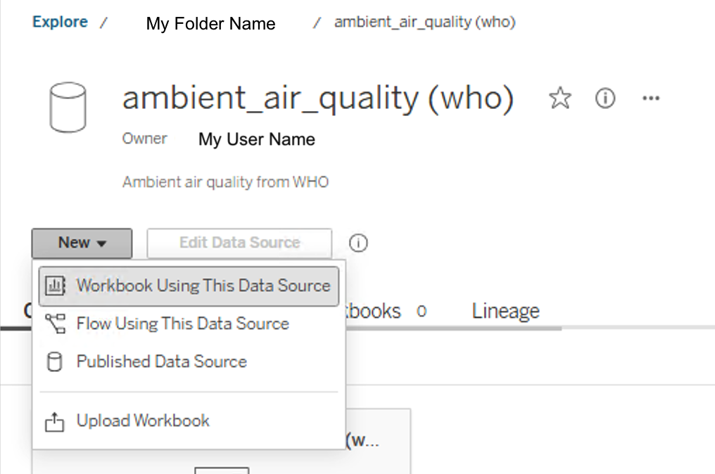 Tableau workbook using published data source