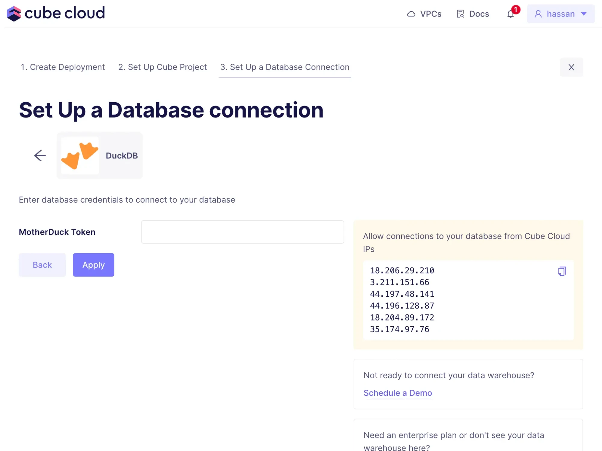 Cube Cloud DuckDB connection form with a MotherDuck Token field