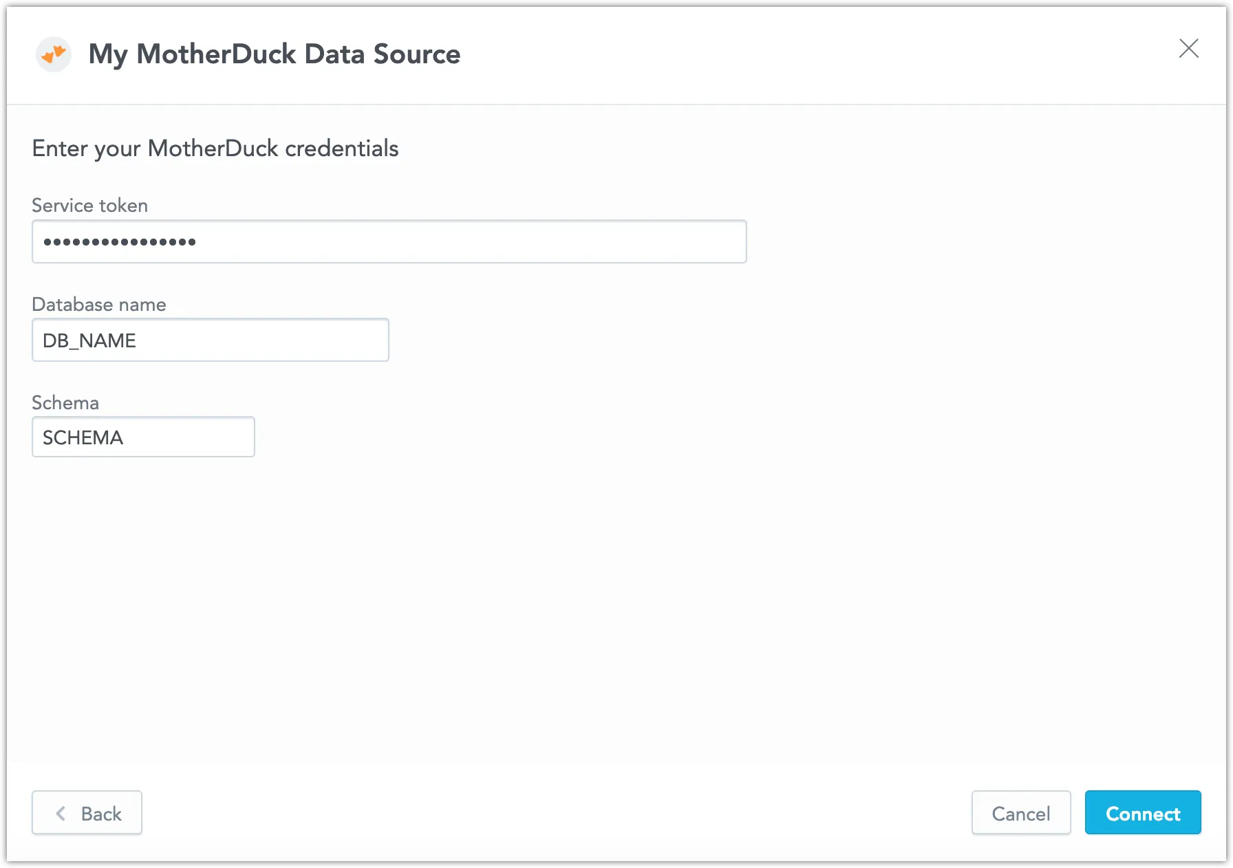 GoodData MotherDuck data source form with service token, database, and schema fields